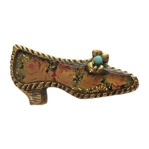 Maximal Art Signed Shoe Brooch Pin Roses Pink Blue Gold tone Vintage John Wind